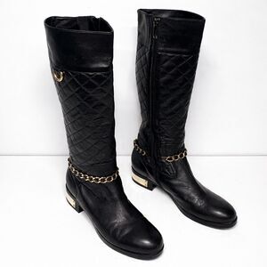 Giovanni Fabiani Italian Leather Knee-High Boots – Black Quilted – Gold Chain